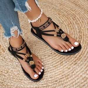 Veloura Boho Floral Sandals Women Black Beach Summer Flat Thong Sandals